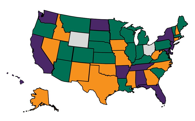 Map of US states by gift annuity regulatory category