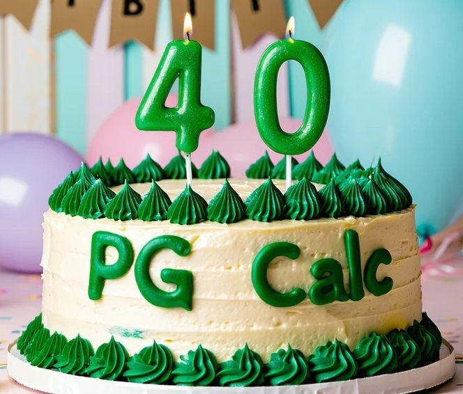 PG Calc turns 40 - birthday cake with '40' in candles
