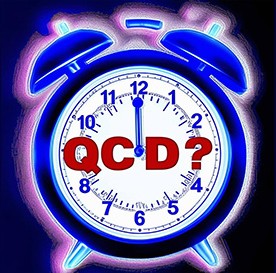 image of a ringing alarm clock with "QCD?" on the face